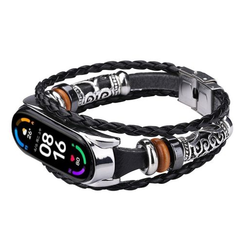 Retro Ethnic Style Smart Watch Wrist Band Strap Beaded Bracelet for Xiaomi Mi Band 5/6 - Black/Silver