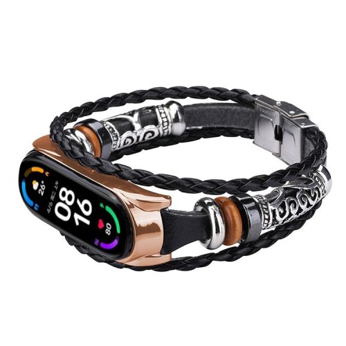 Retro Ethnic Style Smart Watch Wrist Band Strap Beaded Bracelet for Xiaomi Mi Band 5/6 - Black/Gold