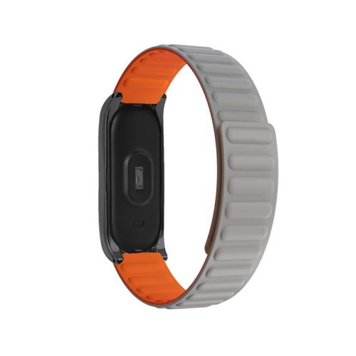 Soft Silicone Magnetic Watch Band Strap + Watch Case Cover Replacement for Xiaomi Mi Band 5/6/7 - Grey/Orange