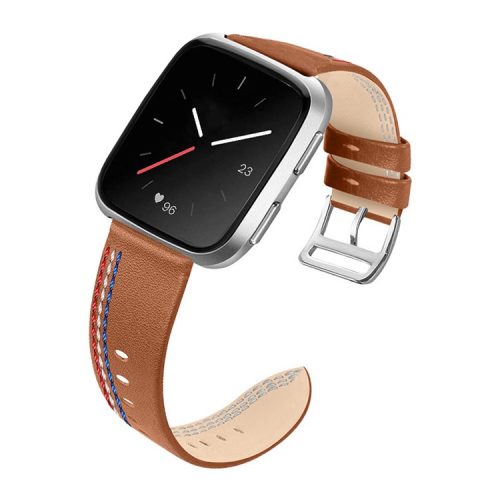 Top Layer Cowhide Leather Stitching Design Wrist Band Watch Strap for Fitbit Versa 2 / Versa / Versa Lite / Versa SE - Brown