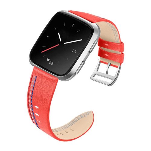 Top Layer Cowhide Leather Stitching Design Wrist Band Watch Strap for Fitbit Versa 2 / Versa / Versa Lite / Versa SE - Coral Red