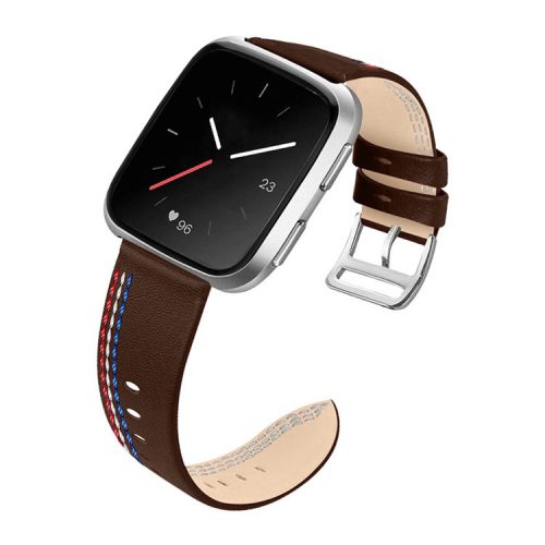 Top Layer Cowhide Leather Stitching Design Wrist Band Watch Strap for Fitbit Versa 2 / Versa / Versa Lite / Versa SE - Chacolate