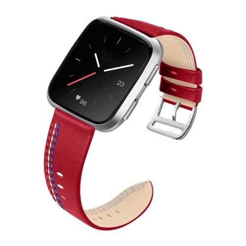 Top Layer Cowhide Leather Stitching Design Wrist Band Watch Strap for Fitbit Versa 2 / Versa / Versa Lite / Versa SE - Red