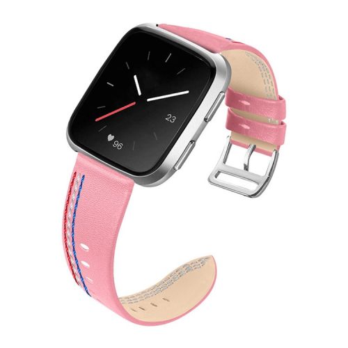 Top Layer Cowhide Leather Stitching Design Wrist Band Watch Strap for Fitbit Versa 2 / Versa / Versa Lite / Versa SE - Pink