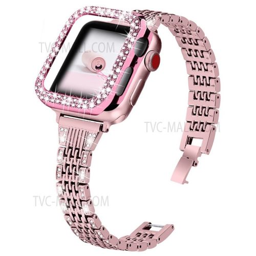 7 Beads Stainless Steel Rhinestone Watch Strap + Scratch-resistant PC Watch Case Cover Replacement for Apple Watch Series 7 45mm - Rose Pink