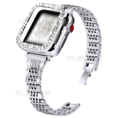 7 Beads Stainless Steel Rhinestone Watch Strap + Scratch-resistant PC Watch Case Cover Replacement for Apple Watch Series 7 45mm - Silver