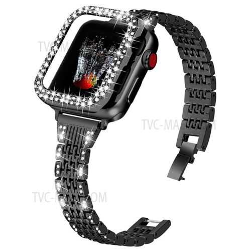 7 Beads Stainless Steel Rhinestone Watch Strap + Scratch-resistant PC Watch Case Cover Replacement for Apple Watch Series 7 45mm - Black