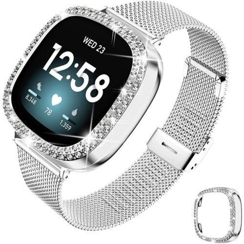 Milanese Watch Band Stainless Steel Smart Bracelet Watch Strap Fashionable Wrist Strap with Watch Cover Case for Fitbit Versa 3 / Fitbit Sense - Silver