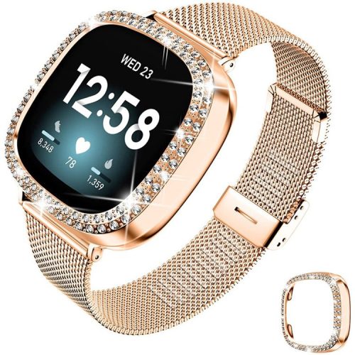 Stainless Steel Milanese Watch Band Strap Fashionable Wrist Strap with Watch Cover Case for Fitbit Versa 3 / Fitbit Sense - Rose Gold