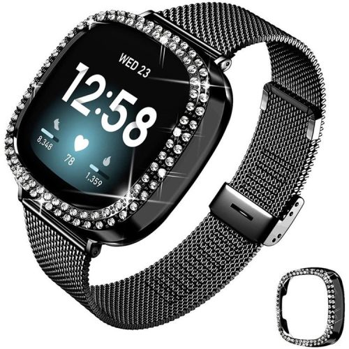 Stainless Steel Milanese Watch Band Strap Fashionable Wrist Strap with Watch Cover Case for Fitbit Versa 3 / Fitbit Sense - Black