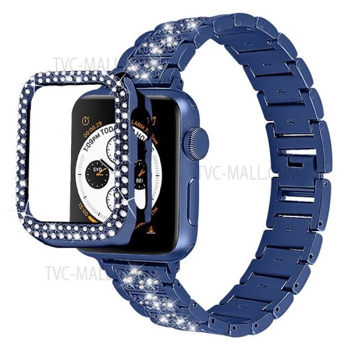 3 Beads Rhinestone Decor Stainless Steel Watch Strap + Double Row Rhinestone PC Drop-proof Watch Case Cover for Apple Watch Series 1/2/3 42mm - Blue