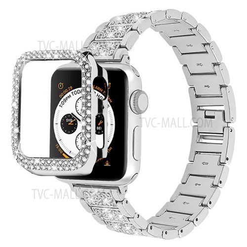 3 Beads Rhinestone Decor Stainless Steel Watch Strap + Double Row Rhinestone PC Drop-proof Watch Case Cover for Apple Watch Series 1/2/3 42mm - Silver