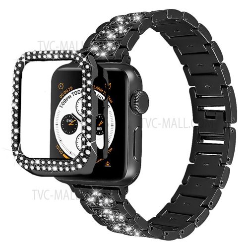 3 Beads Rhinestone Decor Stainless Steel Watch Strap + Double Row Rhinestone PC Drop-proof Watch Case Cover for Apple Watch Series 1/2/3 42mm - Black