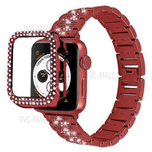 3 Beads Rhinestone Decor Stainless Steel Watch Strap + Double Row Rhinestone PC Drop-proof Watch Case Cover for Apple Watch Series 1/2/3 42mm - Red