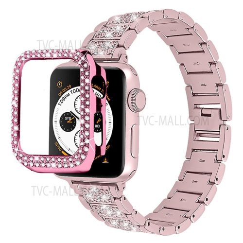 3 Beads Rhinestone Decor Stainless Steel Watch Strap + Double Row Rhinestone PC Drop-proof Watch Case Cover for Apple Watch Series 1/2/3 42mm - Rose Pink