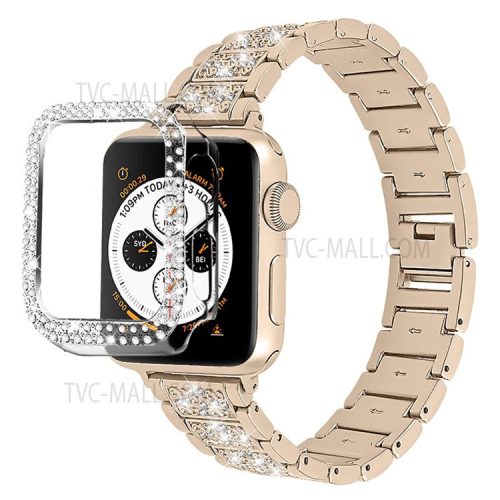 3 Beads Rhinestone Decor Stainless Steel Watch Strap + Double Row Rhinestone PC Drop-proof Watch Case Cover for Apple Watch Series 1/2/3 42mm - Retro Gold