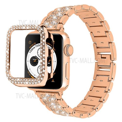 3 Beads Rhinestone Decor Stainless Steel Watch Strap + Double Row Rhinestone PC Drop-proof Watch Case Cover for Apple Watch Series 1/2/3 42mm - Rose Gold