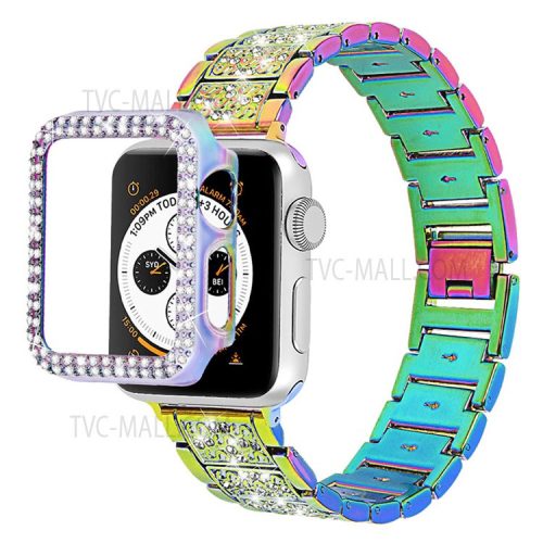 3 Beads Rhinestone Decor Stainless Steel Watch Strap + Double Row Rhinestone PC Drop-proof Watch Case Cover for Apple Watch Series 1/2/3 42mm - Multi-color