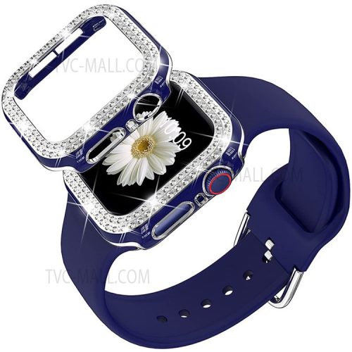 Fashionable Rhinestone Decor Watch Protective Cover + Silicone Watch Band Strap Replacement for Apple Watch Series 4/5/6/SE 40mm - Blue