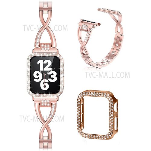 X-Shape Metal Watch Strap + Protective Case Double Row Rhinestone Decorated Anti-Scratch Replacement Watchband for Apple Watch Series 3 / 2 / 1 38mm - Rose Gold