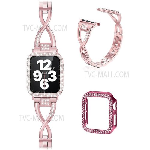 X-Shape Metal Watch Strap + Protective Case Double Row Rhinestone Decorated Anti-Scratch Replacement Watchband for Apple Watch Series 3 / 2 / 1 38mm - Rose Pink