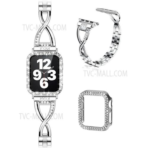 X-Shape Metal Watch Strap + Protective Case Double Row Rhinestone Decorated Anti-Scratch Replacement Watchband for Apple Watch Series 3 / 2 / 1 38mm - Silver