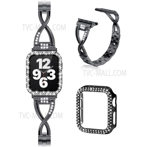 X-Shape Metal Watch Strap + Protective Case Double Row Rhinestone Decorated Anti-Scratch Replacement Watchband for Apple Watch Series 3 / 2 / 1 38mm - Black