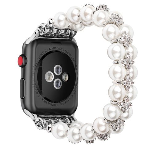 Faux Pearl Rhinestone Decor Wrist Strap Smart Watch Band Bracelet for Apple Watch Series 10 42mm / 9 8 7 41mm / 6 5 4 SE SE (2022) SE (2023) 40mm / 3 2 1 38mm - White