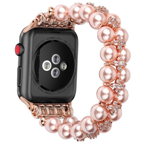 Faux Pearl Rhinestone Decor Wrist Strap Smart Watch Band Bracelet for Apple Watch Series 10 42mm / 9 8 7 41mm / 6 5 4 SE SE (2022) SE (2023) 40mm / 3 2 1 38mm - Rose Gold