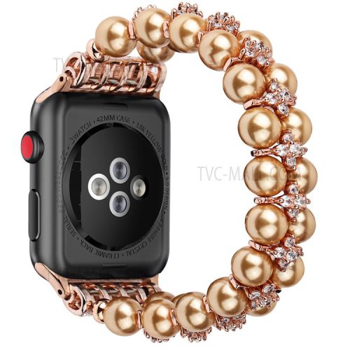 Faux Pearl Rhinestone Decor Wrist Strap Smart Watch Band Bracelet for Apple Watch Series 10 42mm / 9 8 7 41mm / 6 5 4 SE SE (2022) SE (2023) 40mm / 3 2 1 38mm - Gold