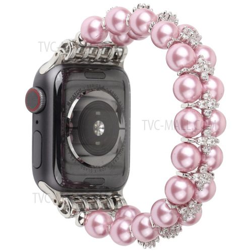 Faux Pearl Rhinestone Decor Wrist Strap Smart Watch Band Bracelet for Apple Watch Series 10 42mm / 9 8 7 41mm / 6 5 4 SE SE (2022) SE (2023) 40mm / 3 2 1 38mm - Pink