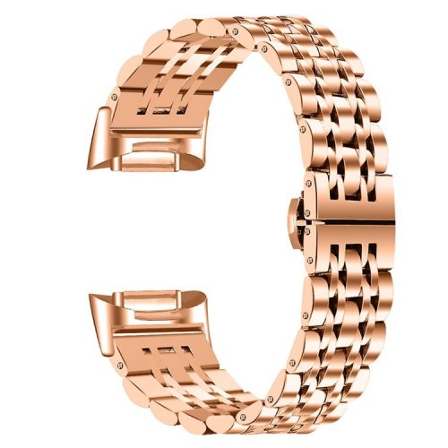 7 Beads Stainless Steel Breathable Replacement Wrist Strap Watch Band for Fitbit Charge 6 / 5 - Rose Gold