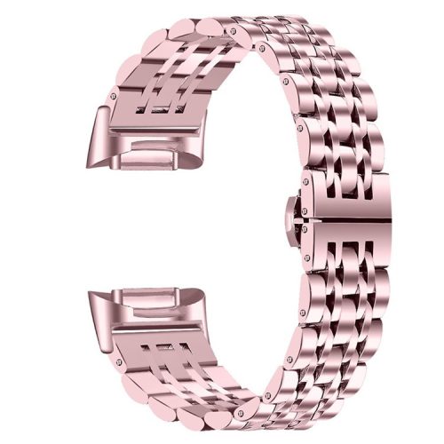 7 Beads Stainless Steel Breathable Replacement Wrist Strap Watch Band for Fitbit Charge 6 / 5 - Rose Pink