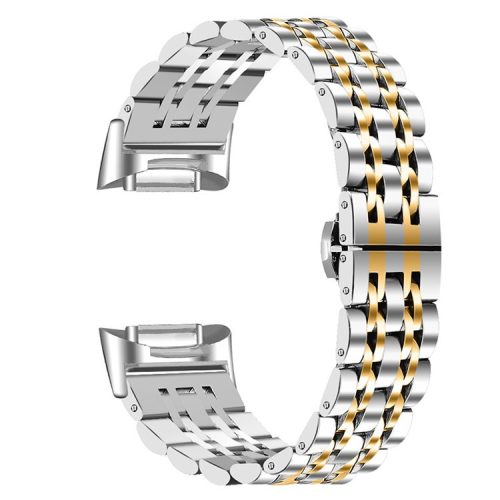 7 Beads Stainless Steel Breathable Replacement Wrist Strap Watch Band for Fitbit Charge 6 / 5 - Gold Splicing