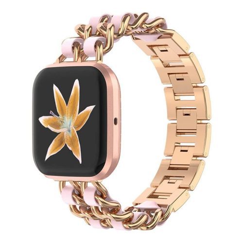 Stainless Steel + PU Leather Chain Watch Band Wrist Strap for Fitbit Versa/Versa 2/Versa Lite/Versa SE - Rose Gold/Pink Leather