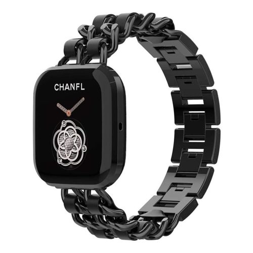 Stainless Steel + PU Leather Chain Watch Band Wrist Strap for Fitbit Versa/Versa 2/Versa Lite/Versa SE - Black/Black Leather