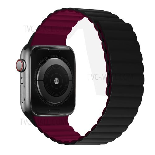 Dual Color Magnetic Silicone Watch Strap Wrist Band for Apple Watch Series 10 46mm / Ultra 2 Ultra 49mm / 9 8 7 45mm / SE (2023) SE (2022) SE 6 5 4 44mm / 3 2 1 42mm - Black / Wine Red