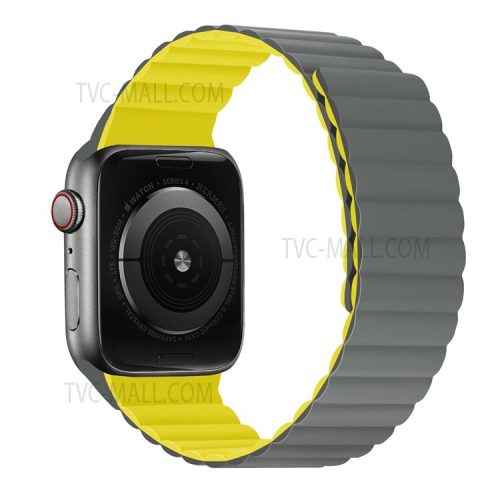 Dual Color Magnetic Silicone Watch Strap Wrist Band for Apple Watch Series 10 46mm / Ultra 2 Ultra 49mm / 9 8 7 45mm / SE (2023) SE (2022) SE 6 5 4 44mm / 3 2 1 42mm - Grey / Yellow