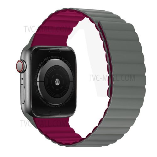 Dual Color Magnetic Silicone Watch Strap Wrist Band for Apple Watch Series 10 46mm / Ultra 2 Ultra 49mm / 9 8 7 45mm / SE (2023) SE (2022) SE 6 5 4 44mm / 3 2 1 42mm - Grey / Wine Red