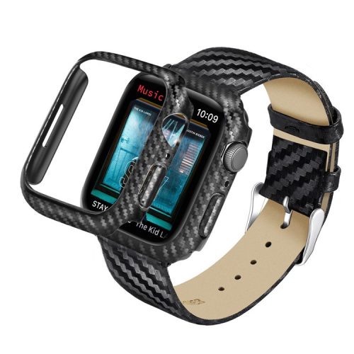 Carbon Fiber Texture Hard PC Protective Watch Case Genuine Leather Watchband Strap for Apple Watch Ultra 49mm / Series 8 45mm / 7 45mm