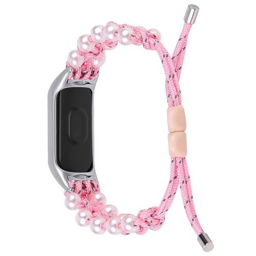 Pearl Decor Adjustable Braided Rope Wrist Strap Replacement Watchband for Xiaomi Mi Band 3/4 - Pink