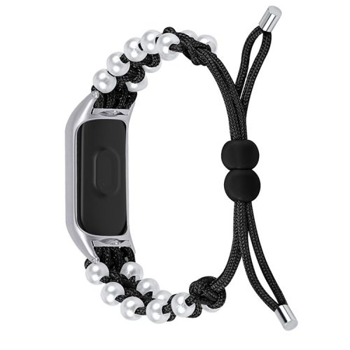 Pearl Decor Adjustable Braided Rope Wrist Strap Replacement Watchband for Xiaomi Mi Band 3/4 - Black