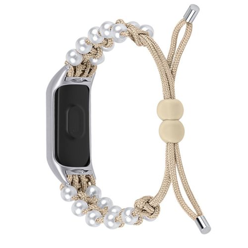 Pearl Decor Adjustable Braided Rope Wrist Strap Replacement Watchband for Xiaomi Mi Band 3/4 - Apricot