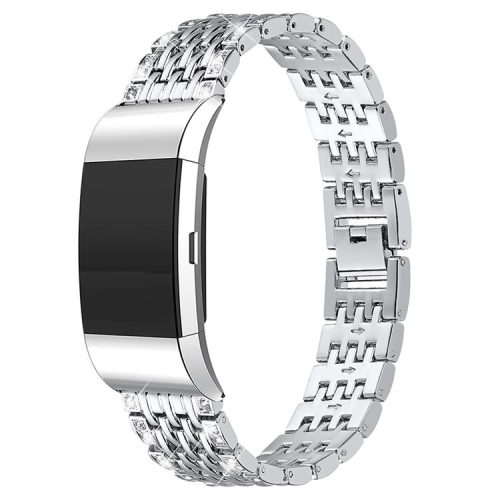 2 Rows Fashionable Rhinestones Decor Replacement Metal Watchband Wrist Strap for Fitbit Charge 2/Charge 2 HR - Silver