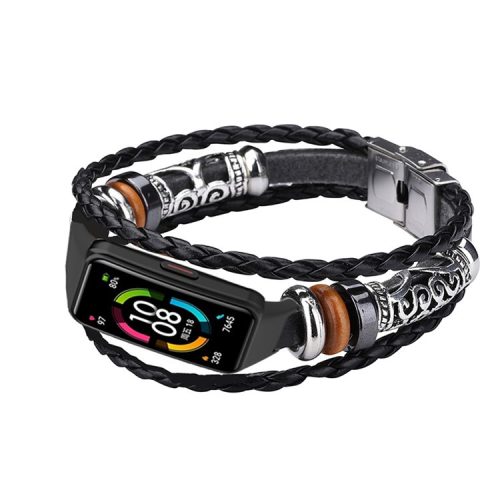 For Huawei Band 6/Honor Band 6 Ethnic Beaded Replacement Watch Strap Bracelet Retro Wrist Band - Black