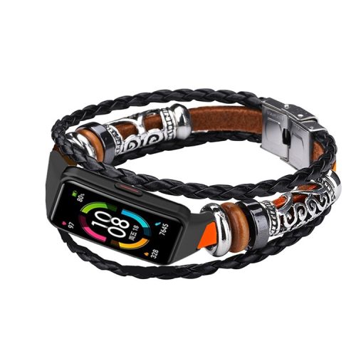 For Huawei Band 6/Honor Band 6 Ethnic Beaded Replacement Watch Strap Bracelet Retro Wrist Band - Brown