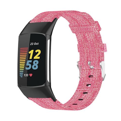 For Fitbit Charge 6 / 5 Replacement Nylon Breathable Watchband Adjustable Wrist Strap - Pink