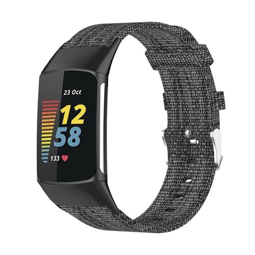 For Fitbit Charge 6 / 5 Replacement Nylon Breathable Watchband Adjustable Wrist Strap - Black / Grey