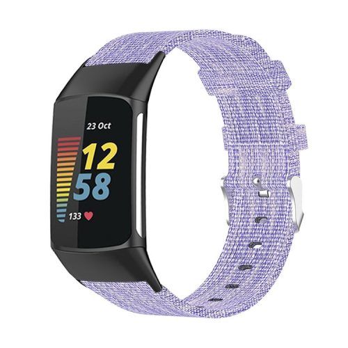 For Fitbit Charge 6 / 5 Replacement Nylon Breathable Watchband Adjustable Wrist Strap - Light Purple