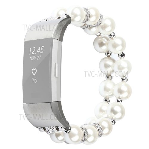 For Fitbit Charge 2 Two Rows Fashionable Pearl Bracelet Wrist Strap Replacement Watch Band - White